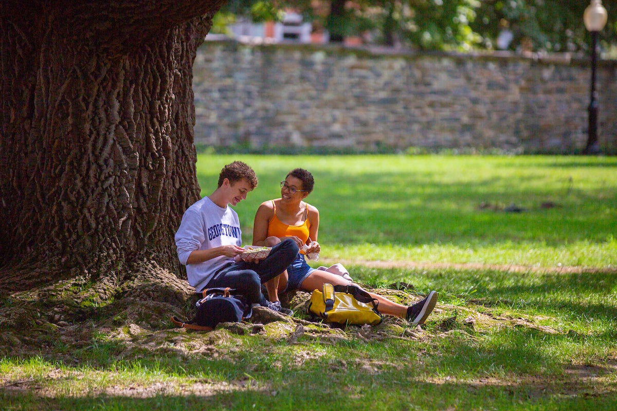Two students sitting beside large tree trunk laughing